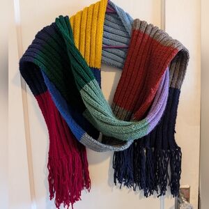 Hand Knit Ribbed Dr. Who Style Color Block Scarf With Fringe